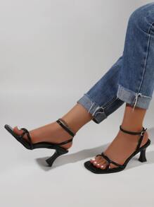 Women's Fashionable And Comfortable Black Band High Heel Open Toe Strappy Sandals,Kitten Heels - Black - View 4