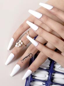 100 片长款棺材白色纯色哑光假指甲，提升您的时尚感，美甲用品，美甲 - 白色 - 查看 1