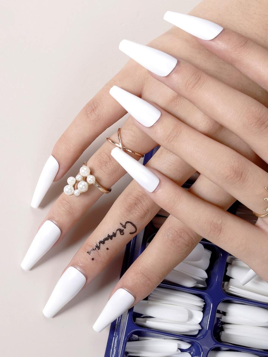 100 片长款棺材白色纯色哑光假指甲，提升您的时尚感，美甲用品，美甲 - 白色 - 查看 1