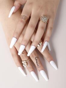 100 片长款棺材白色纯色哑光假指甲，提升您的时尚感，美甲用品，美甲 - 白色 - 查看 5