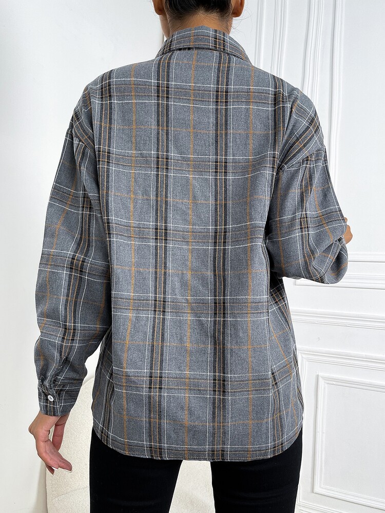 SHEIN LUNE Drop Shoulder Plaid Shirt - Grey - View 2