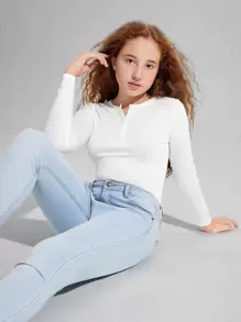 SHEIN Leap Crew Teen Girls Solid Half Button Fitted Tee - White - View 1