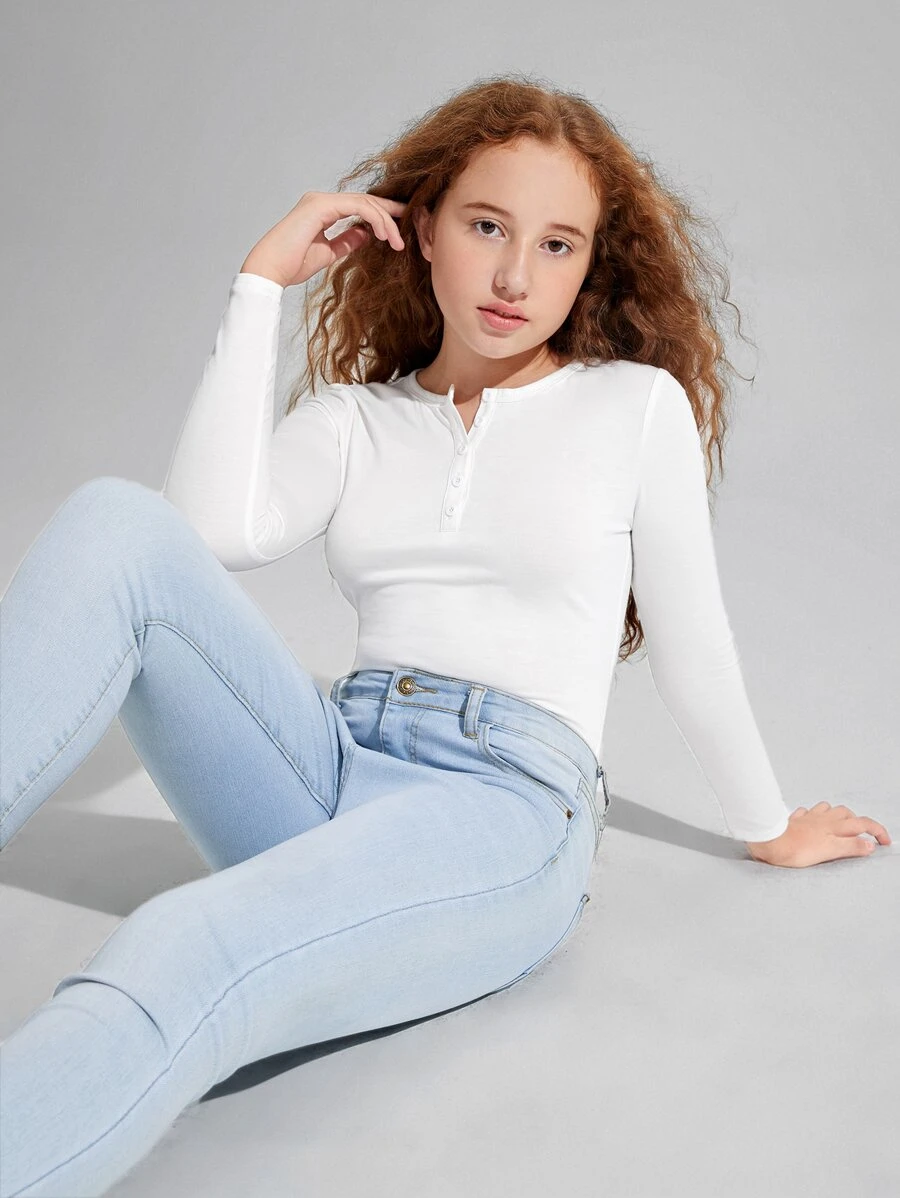 SHEIN Leap Crew Teen Girls Solid Half Button Fitted Tee - White - View 1