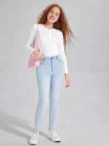 SHEIN Leap Crew Teen Girls Solid Half Button Fitted Tee - White - View 3