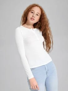 SHEIN Leap Crew Teen Girls Solid Half Button Fitted Tee - White - View 4