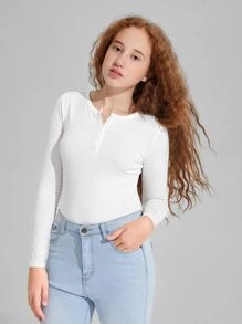 SHEIN Leap Crew Teen Girls Solid Half Button Fitted Tee - White - View 5