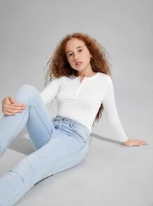 SHEIN Leap Crew Teen Girls Solid Half Button Fitted Tee - White - View 6