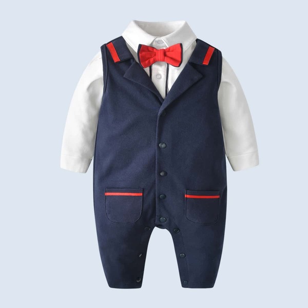 

Baby Bow Front Blouse & Lapel Neck Jumpsuit, Multicolor