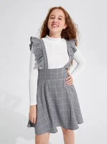 SHEIN Teen Girls Mock Neck Textured Tee & Plaid Ruffle Trim Overall Dress - Multicolor - View 1
