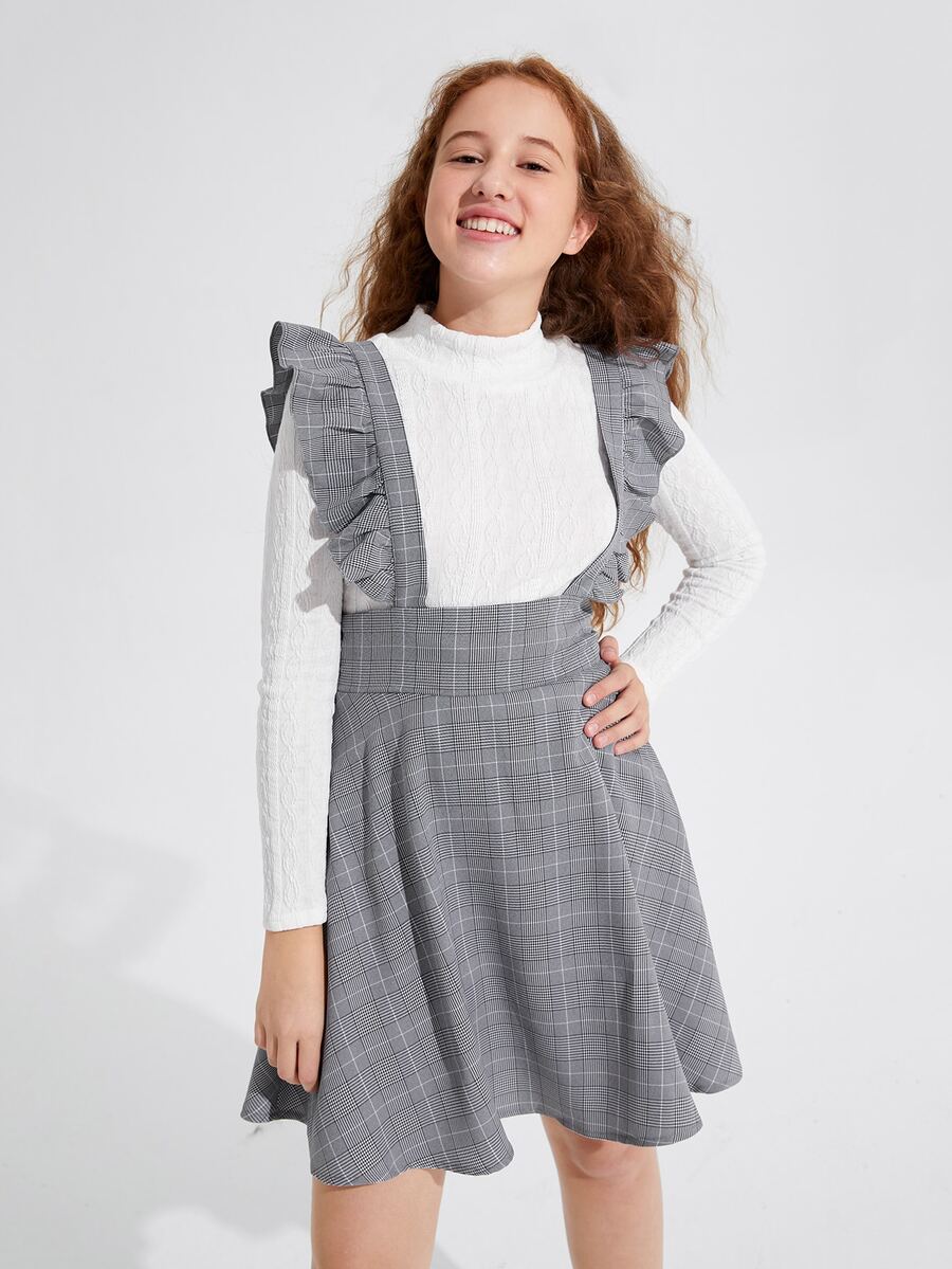 SHEIN Teen Girls Mock Neck Textured Tee & Plaid Ruffle Trim Overall Dress - Multicolor - View 1