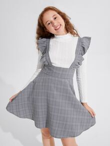 SHEIN Teen Girls Mock Neck Textured Tee & Plaid Ruffle Trim Overall Dress - Multicolor - View 3