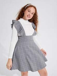 SHEIN Teen Girls Mock Neck Textured Tee & Plaid Ruffle Trim Overall Dress - Multicolor - View 4