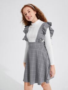 SHEIN Teen Girls Mock Neck Textured Tee & Plaid Ruffle Trim Overall Dress - Multicolor - View 5