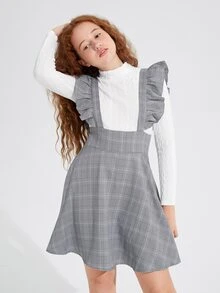 SHEIN Teen Girls Mock Neck Textured Tee & Plaid Ruffle Trim Overall Dress - Multicolor - View 6