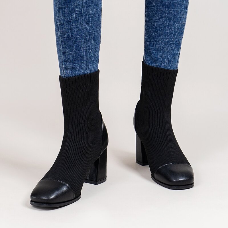 

Panel Design Chunky Heeled Sock Boots, Black
