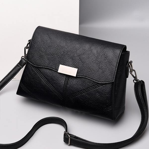 

Litchi Embossed Irregular Flap Crossbody Bag, Black
