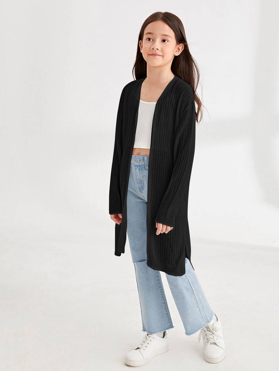 SHEIN Niñas Cárdigan tejido de canalé bajo con abertura - Negro - Ver 1