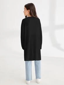 SHEIN Niñas Cárdigan tejido de canalé bajo con abertura - Negro - Ver 2