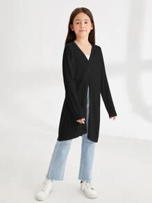 SHEIN Niñas Cárdigan tejido de canalé bajo con abertura - Negro - Ver 3