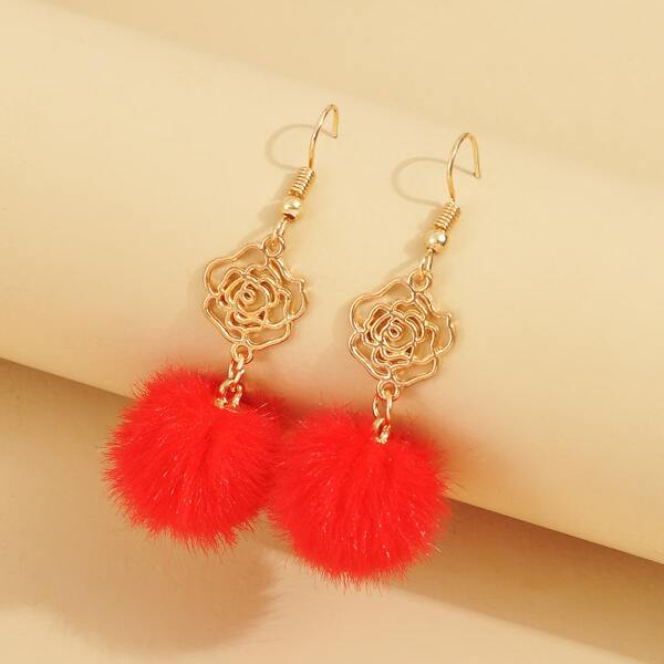 

Flower & Pom Pom Drop Earrings, Red