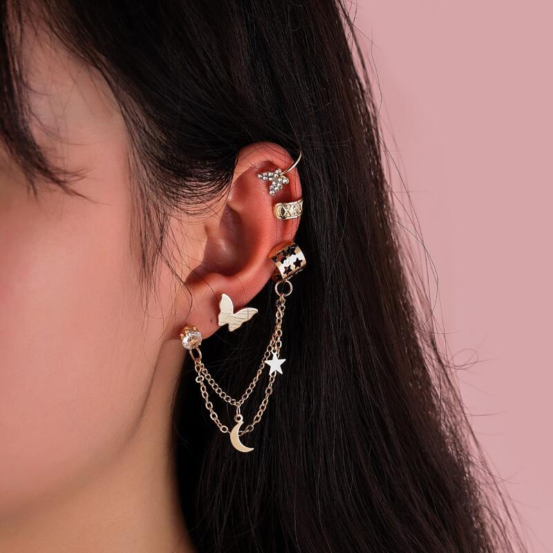 

4pcs Rhinestone Decor Earrings, Gold