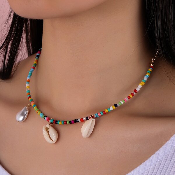 

Shell Charm Beaded Necklace, Multicolor