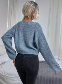 Drop Shoulder Rib Knit Jumper - Dusty Blue - View 2