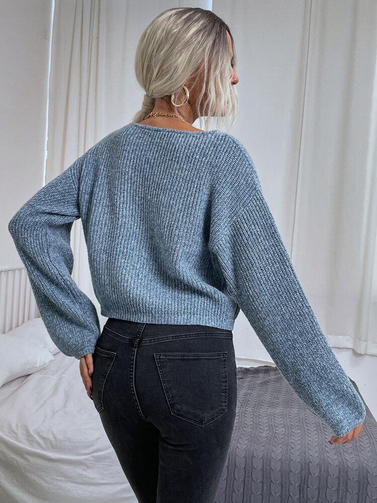 SHEIN LUNE Suéter de punto acanalado con hombros caídos, blusas de manga larga - Neblina azul - Añade 2