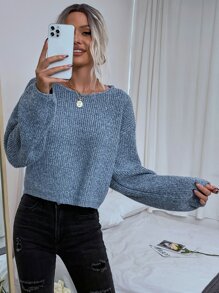 Drop Shoulder Rib Knit Jumper - Dusty Blue - View 6