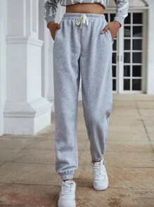 SHEIN Unity 斜插口袋腰部抽繩衛褲 - 淺灰色 - 查看 1