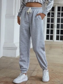 SHEIN Unity 斜插口袋腰部抽繩衛褲 - 淺灰色 - 查看 3