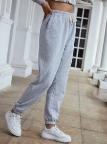 SHEIN Unity 斜插口袋腰部抽繩衛褲 - 淺灰色 - 查看 4