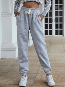 SHEIN Unity 斜插口袋腰部抽繩衛褲 - 淺灰色 - 查看 5