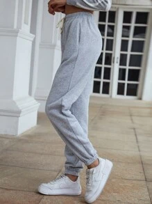 SHEIN Unity 斜插口袋腰部抽繩衛褲 - 淺灰色 - 查看 7