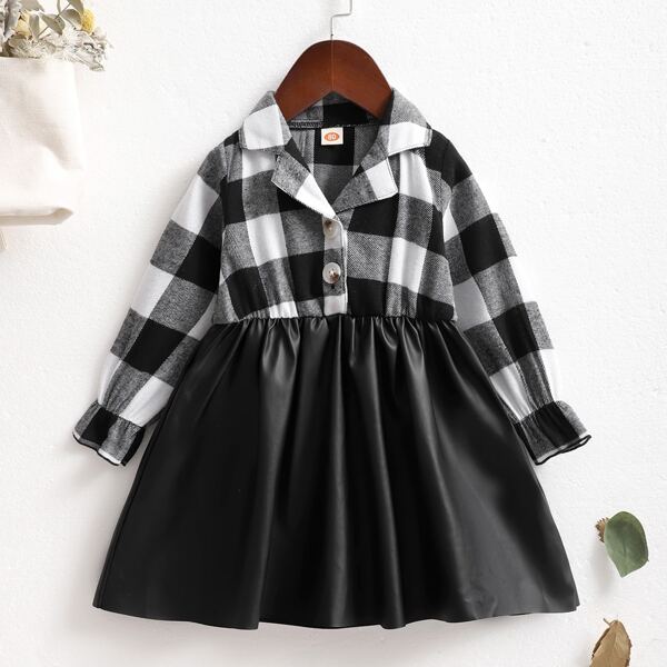 

Baby Girl Lapel Collar Gingham Combo Dress, Black