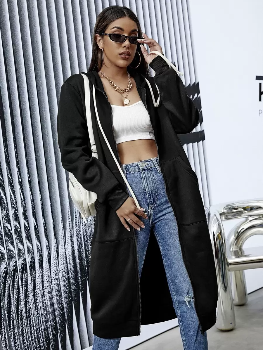 Chiquease 秋季拉链抽绳长款连帽衫 - 黑色 - 查看 1