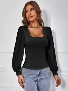 Firerie Scoop Neck Bishop Sleeve Tee - Black - View 5