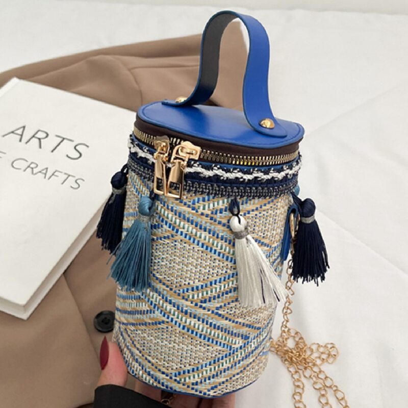 

Tassel Decor Braided Design Chain Bucket Bag, Blue