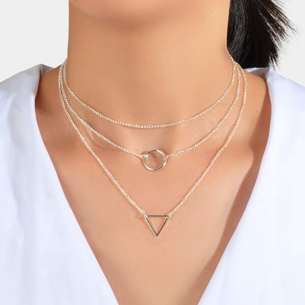 

3pcs Geometric Decor Necklace, Silver