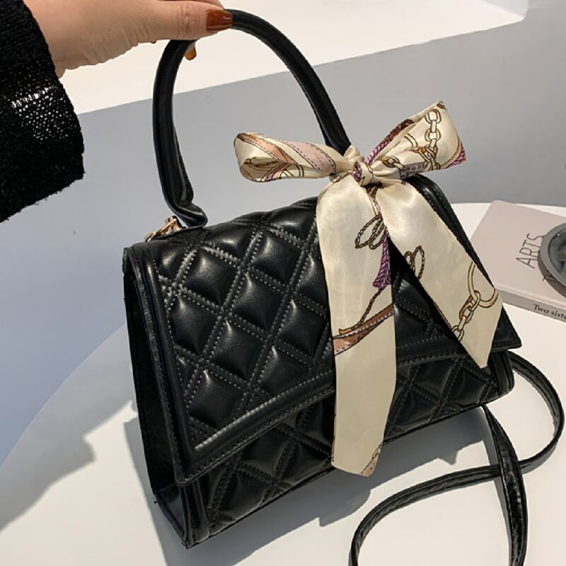 

Minimalist Quilted Scarf Decor Satchel Bag, Black