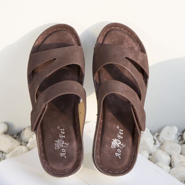 

Velcro Strap Wedge Sandals, Coffee brown