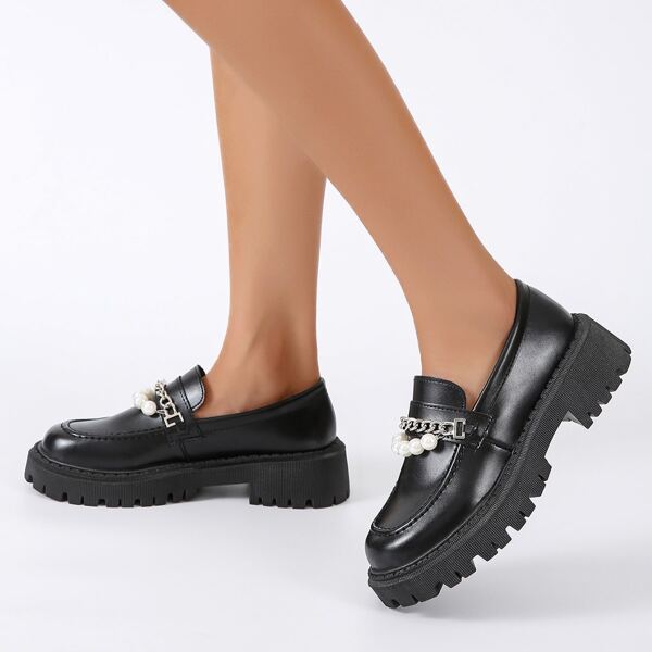 

Chain & Faux Pearl Decor Wedge Loafers, Black