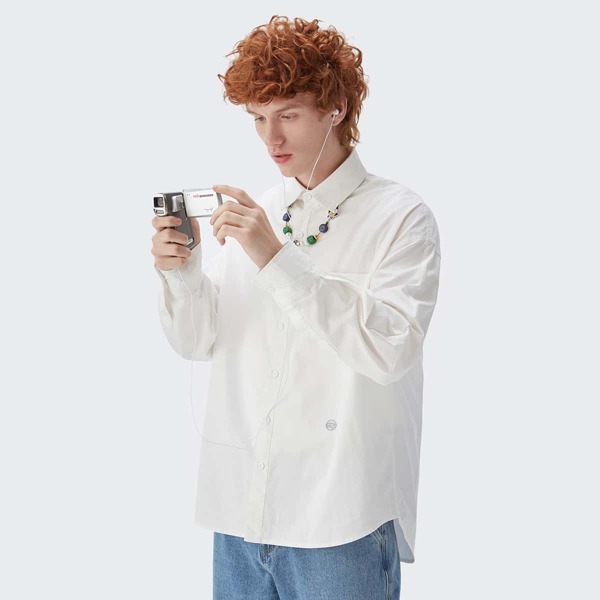 

Men Patch Pocket Graphic Embroidery Shirt, White