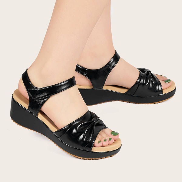 

Ruched Decor Velcro Strap Flatform Sandals, Black