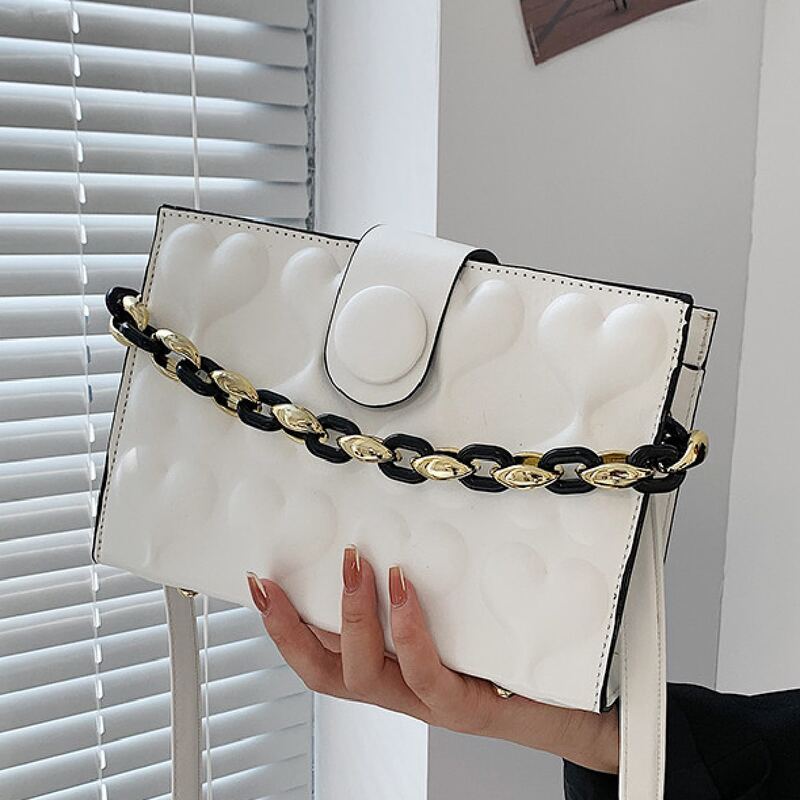 

Minimalist Heart Embossed Chain Satchel Bag, White