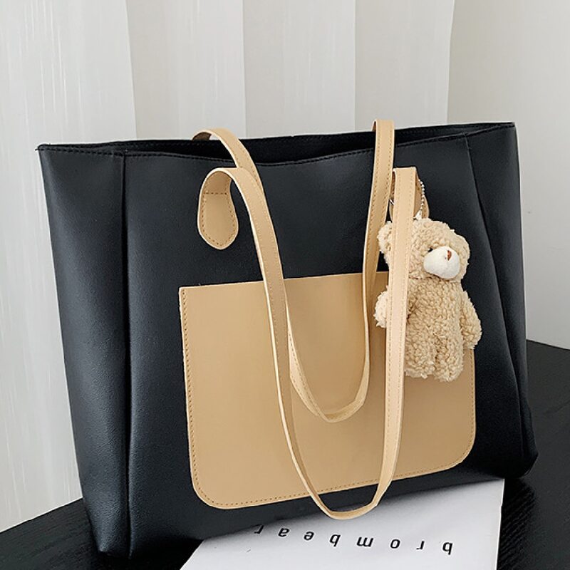 

Colorblock Tote Bag With Bear Bag Charm, Black