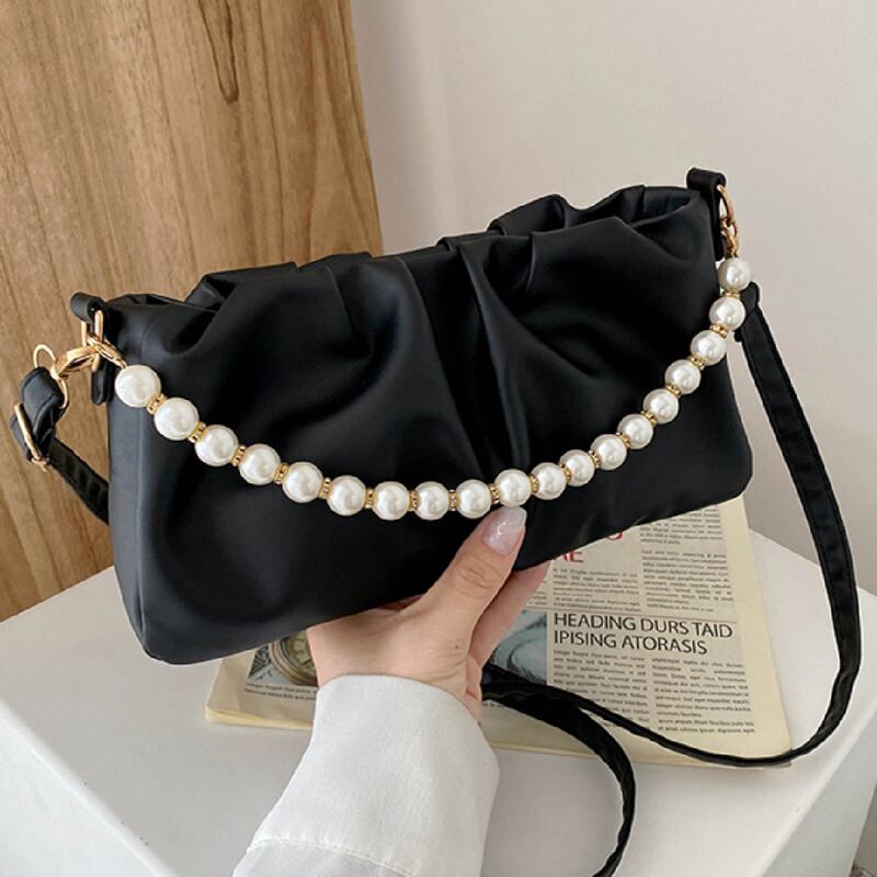 

Solid Faux Pearl Decor Ruched Bag, Black