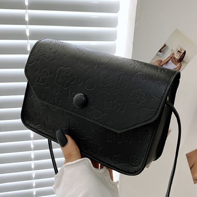 

Solid Cartoon Embossed Shoulder Bag, Black
