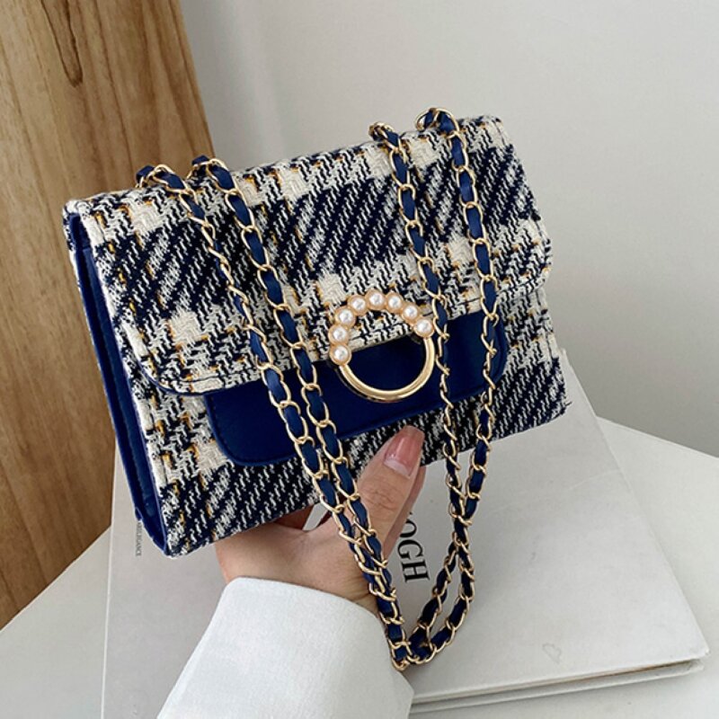 

Plaid Pattern Faux Pearl Decor Chain Shoulder Bag, Blue