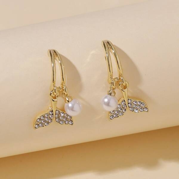 

Faux Pearl & Rhinestone Fish Tail Decor Earrings, Gold
